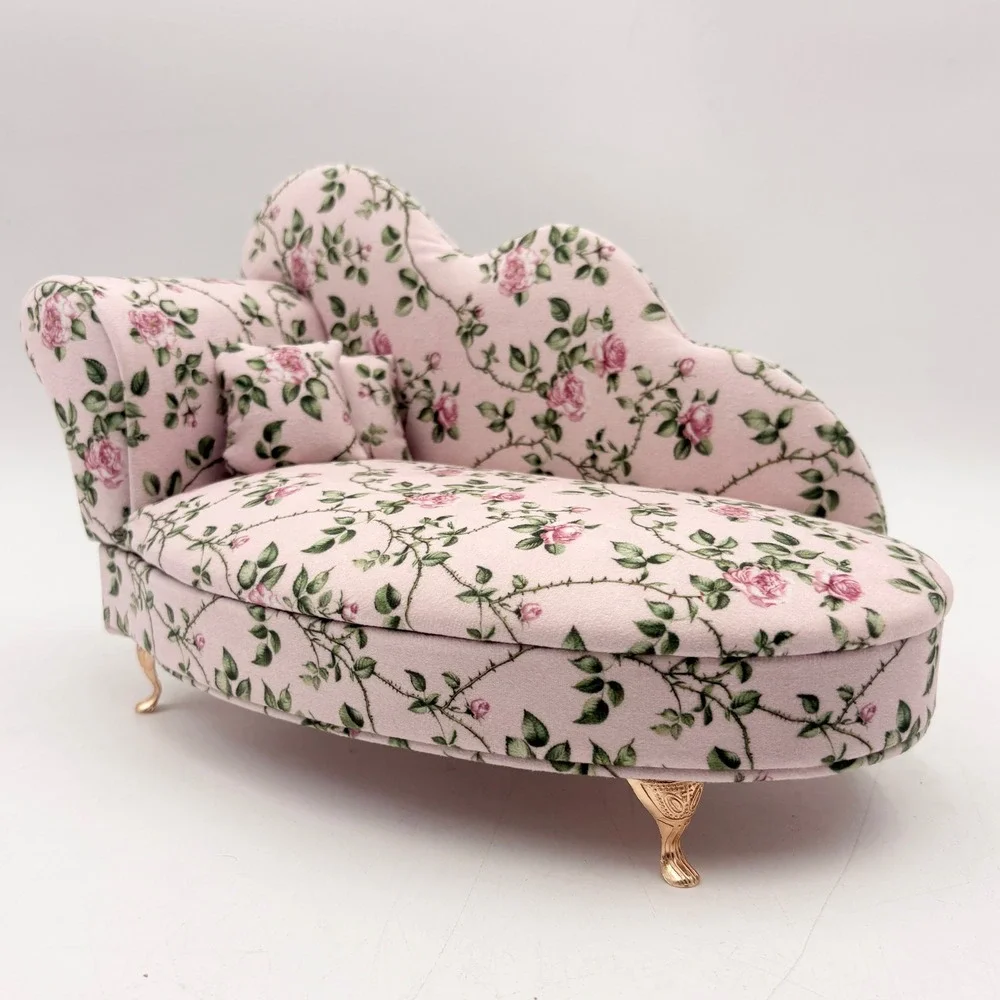 Pink Floral Rose Chaise Lounge Jewelry Box Miniature Sofa Mirror Ring Storage